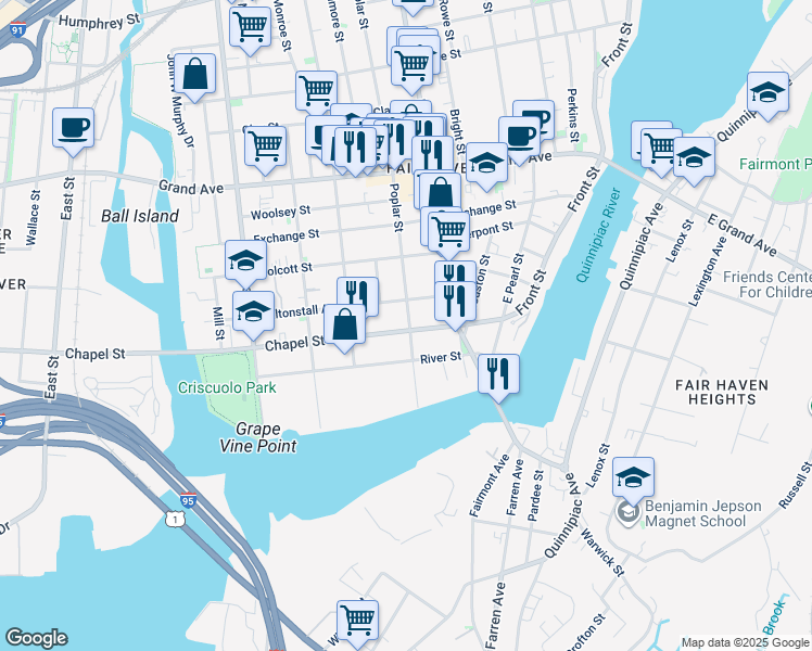 map of restaurants, bars, coffee shops, grocery stores, and more near 111 Chapel Street in New Haven