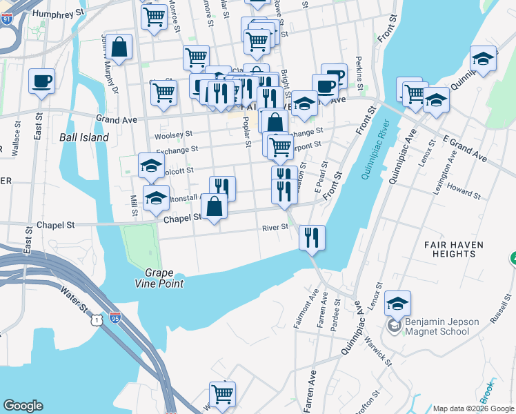 map of restaurants, bars, coffee shops, grocery stores, and more near 109 Chapel Street in New Haven