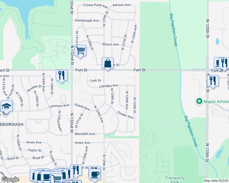 map of restaurants, bars, coffee shops, grocery stores, and more near 5044 North 128th Street in Omaha