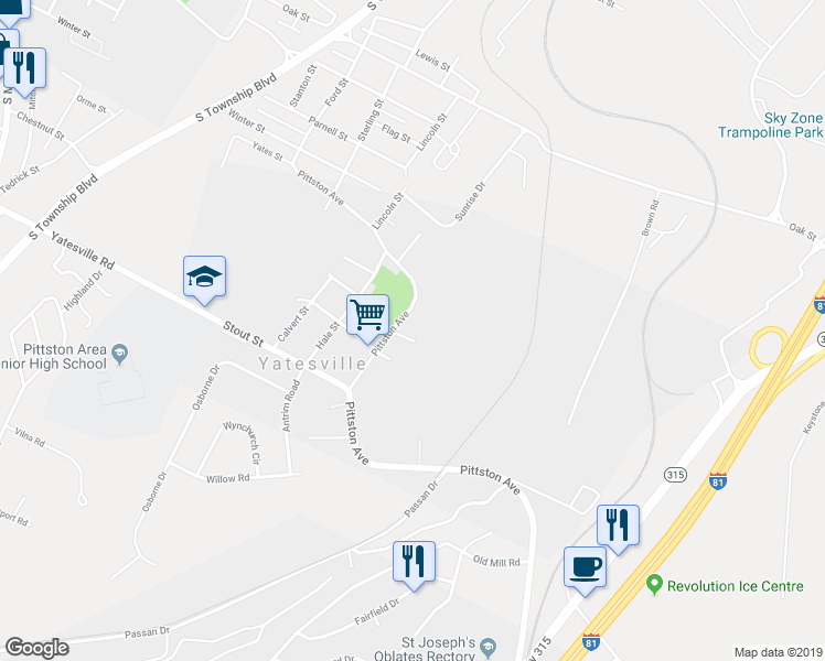map of restaurants, bars, coffee shops, grocery stores, and more near 30-1/2 Pittston Avenue in Yatesville