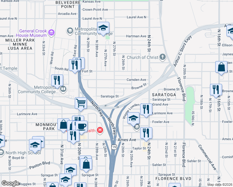 map of restaurants, bars, coffee shops, grocery stores, and more near 5003 North 27th Street in Omaha