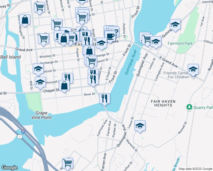 map of restaurants, bars, coffee shops, grocery stores, and more near 1 Front Street in New Haven