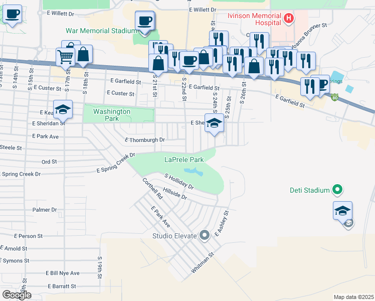 map of restaurants, bars, coffee shops, grocery stores, and more near 2201 East Spring Creek Drive in Laramie