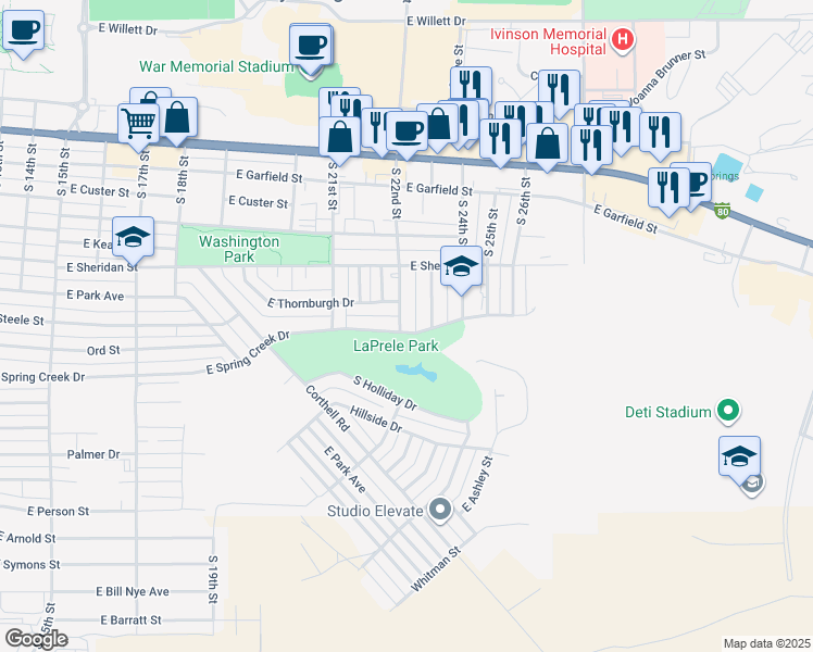 map of restaurants, bars, coffee shops, grocery stores, and more near 2201-2299 East Spring Creek Drive in Laramie
