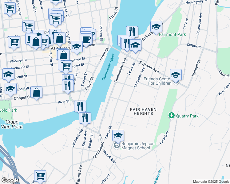 map of restaurants, bars, coffee shops, grocery stores, and more near 12 Oxford Street in New Haven