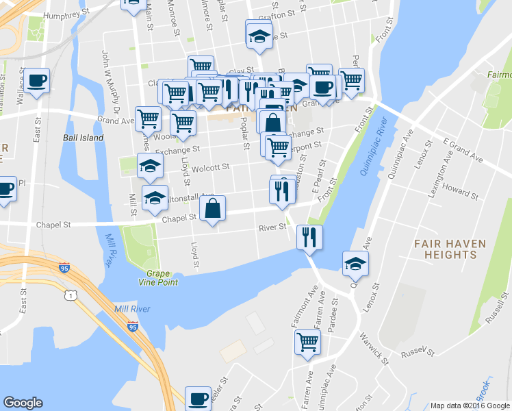 map of restaurants, bars, coffee shops, grocery stores, and more near 96 Chapel Street in New Haven