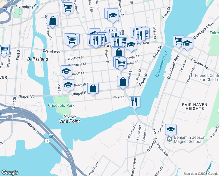 map of restaurants, bars, coffee shops, grocery stores, and more near 136 Chapel Street in New Haven