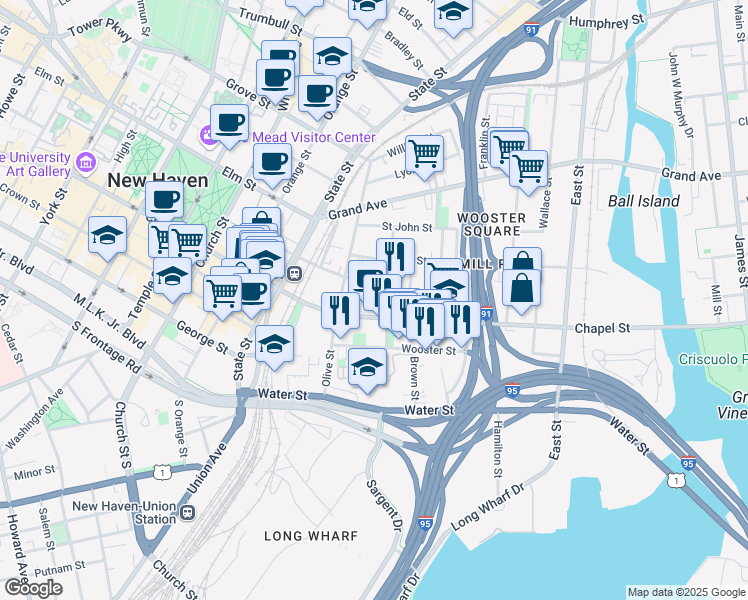 map of restaurants, bars, coffee shops, grocery stores, and more near in New Haven