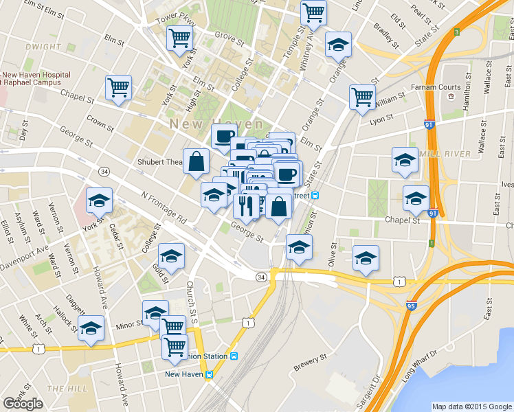 map of restaurants, bars, coffee shops, grocery stores, and more near 44 Orange Street in New Haven