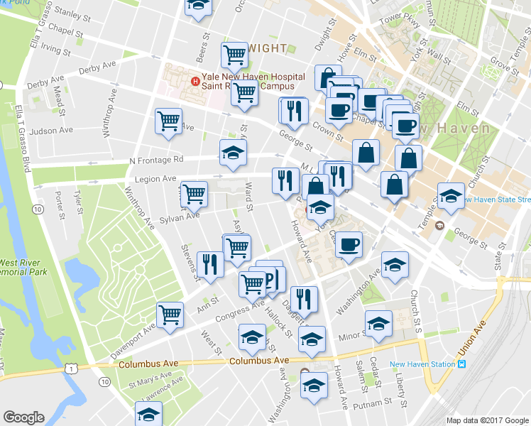 map of restaurants, bars, coffee shops, grocery stores, and more near 123 Ward Street in New Haven