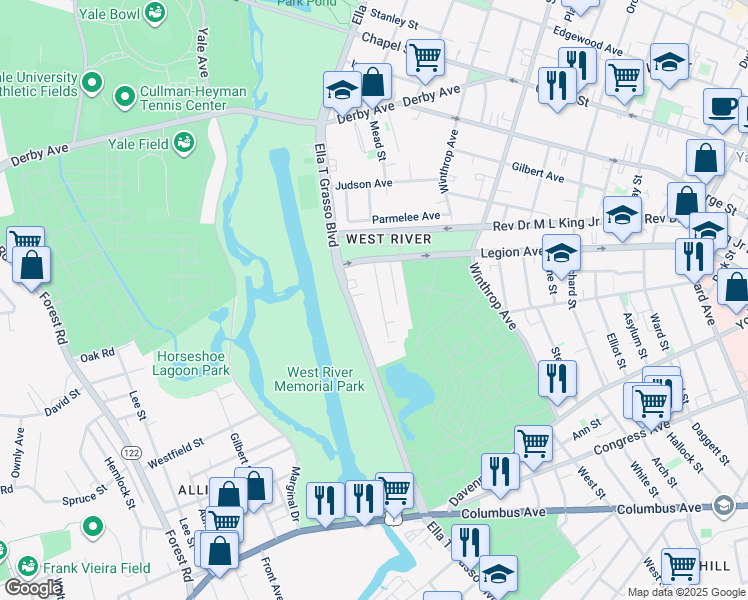 map of restaurants, bars, coffee shops, grocery stores, and more near 50 Porter Street in New Haven
