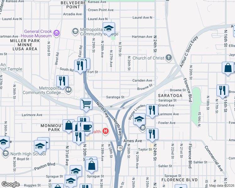 map of restaurants, bars, coffee shops, grocery stores, and more near 4922 North 27th Street in Omaha