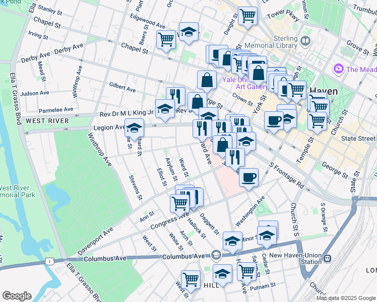 map of restaurants, bars, coffee shops, grocery stores, and more near 56 Vernon Street in New Haven