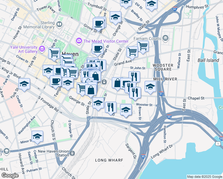 map of restaurants, bars, coffee shops, grocery stores, and more near 680 Chapel Street in New Haven