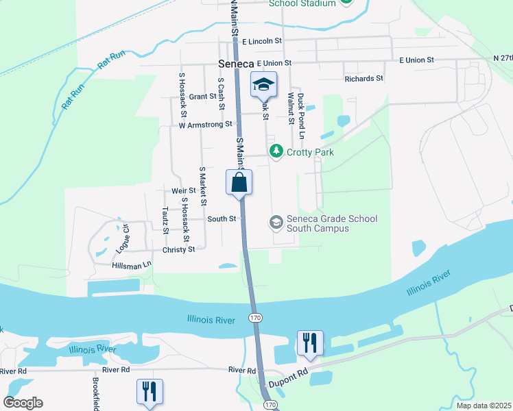 map of restaurants, bars, coffee shops, grocery stores, and more near 392 South Main Street in Seneca