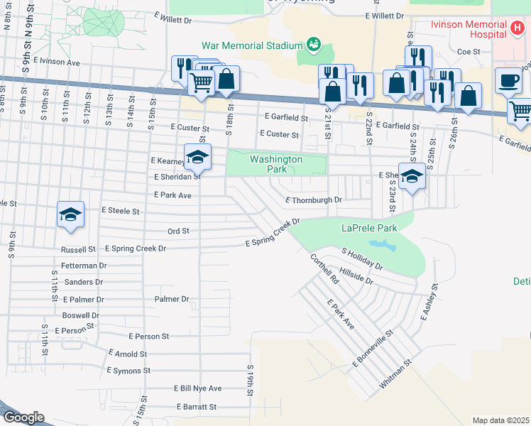 map of restaurants, bars, coffee shops, grocery stores, and more near 1915 East Park Avenue in Laramie