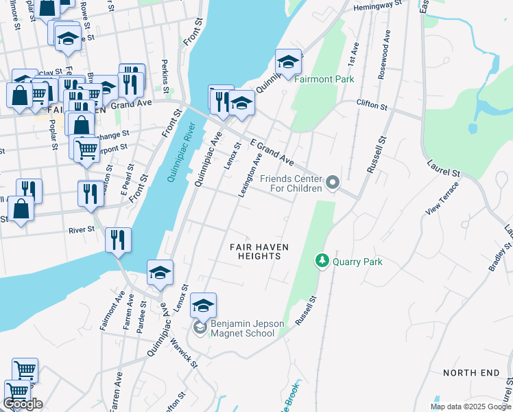 map of restaurants, bars, coffee shops, grocery stores, and more near 15 Eldridge Street in New Haven