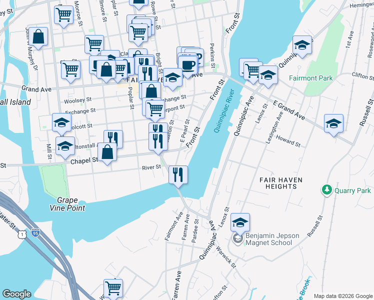 map of restaurants, bars, coffee shops, grocery stores, and more near 1 Front Street in New Haven