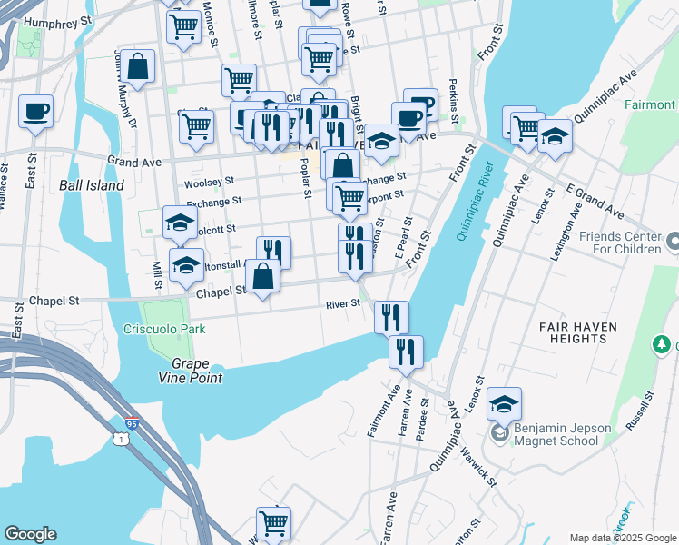 map of restaurants, bars, coffee shops, grocery stores, and more near 96 Chapel Street in New Haven