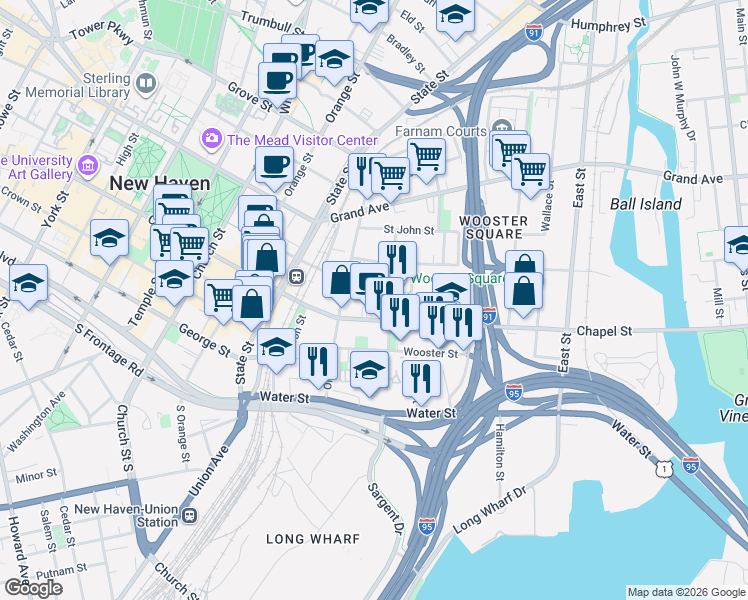 map of restaurants, bars, coffee shops, grocery stores, and more near in New Haven