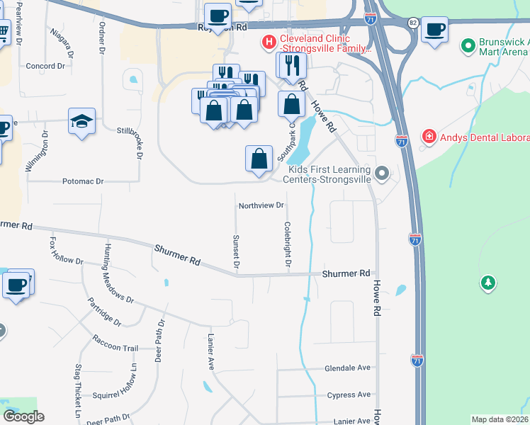 map of restaurants, bars, coffee shops, grocery stores, and more near 15378 Colebright Drive in Strongsville