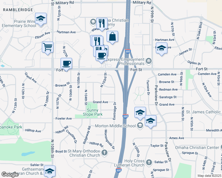 map of restaurants, bars, coffee shops, grocery stores, and more near 10274 Saratoga Street in Omaha