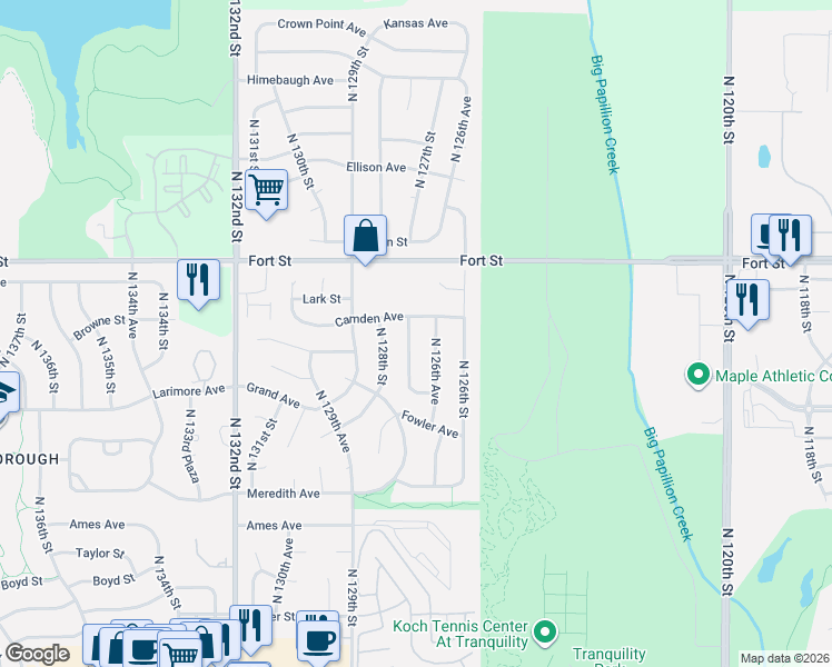 map of restaurants, bars, coffee shops, grocery stores, and more near 5017 North 127th Street in Omaha