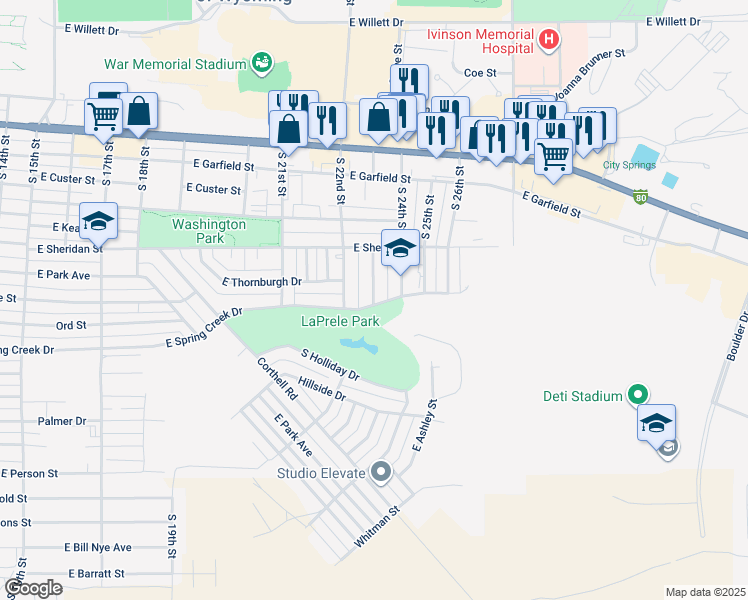map of restaurants, bars, coffee shops, grocery stores, and more near 2301 East Spring Creek Drive in Laramie