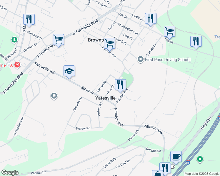map of restaurants, bars, coffee shops, grocery stores, and more near in Yatesville