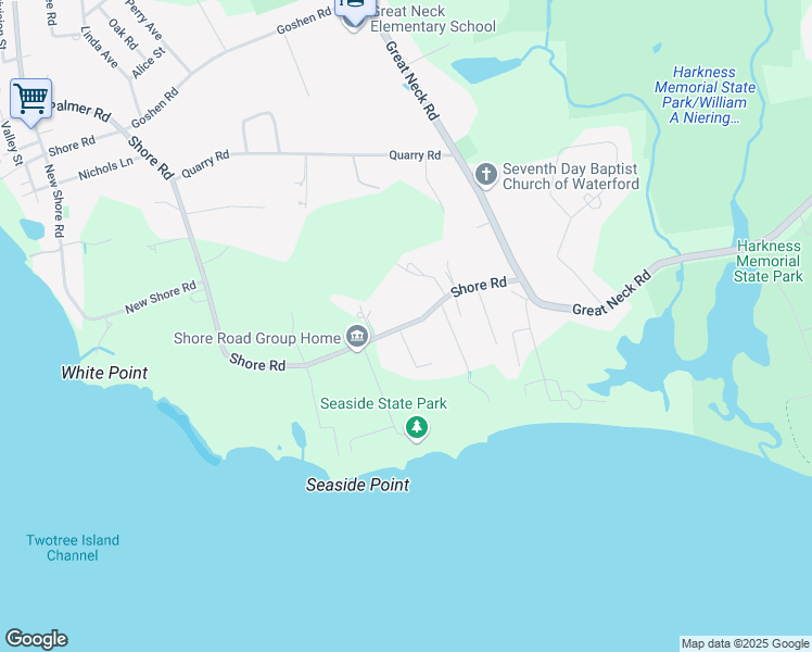 map of restaurants, bars, coffee shops, grocery stores, and more near 40 Shore Road in Waterford