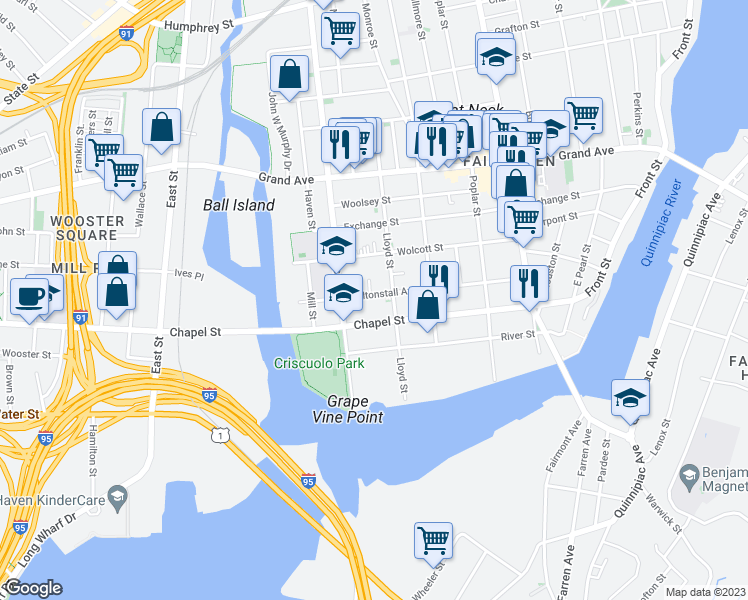 map of restaurants, bars, coffee shops, grocery stores, and more near 178 Saltonstall Avenue in New Haven