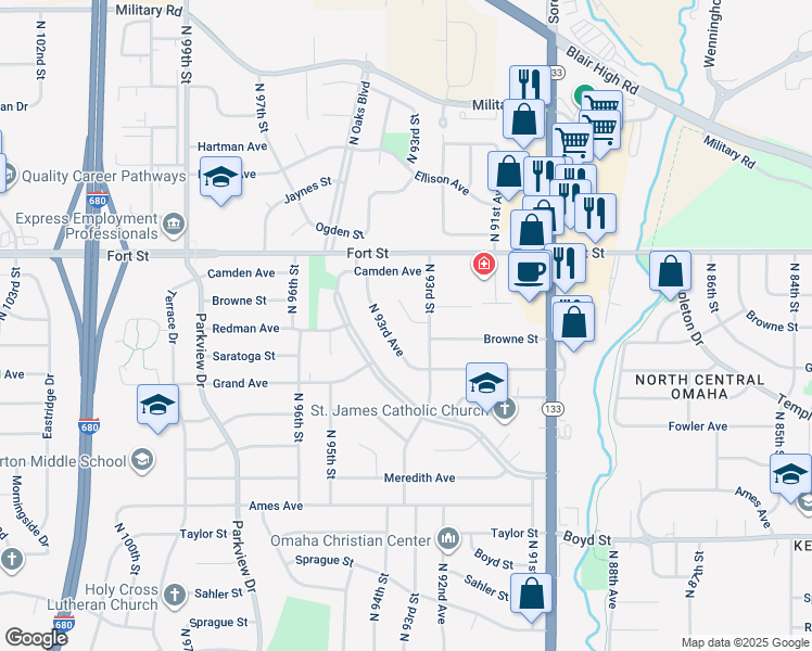 map of restaurants, bars, coffee shops, grocery stores, and more near 4946 North 93rd Avenue in Omaha