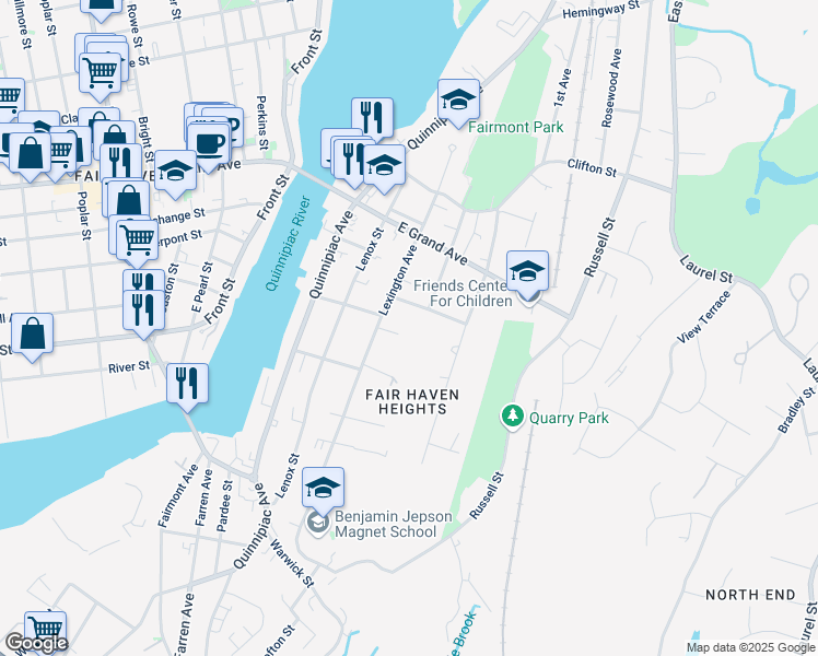 map of restaurants, bars, coffee shops, grocery stores, and more near 15 Eldridge Street in New Haven