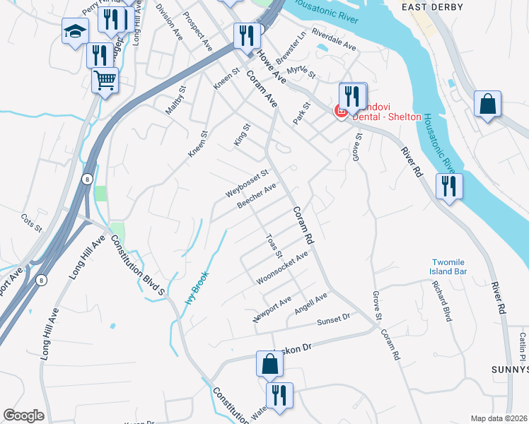 map of restaurants, bars, coffee shops, grocery stores, and more near 32 Providence Avenue in Shelton