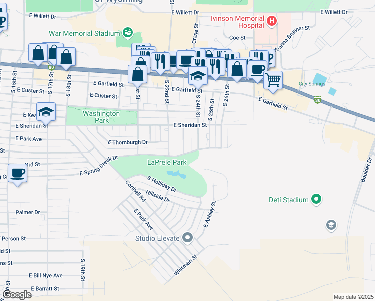 map of restaurants, bars, coffee shops, grocery stores, and more near 2301-2399 East Spring Creek Drive in Laramie