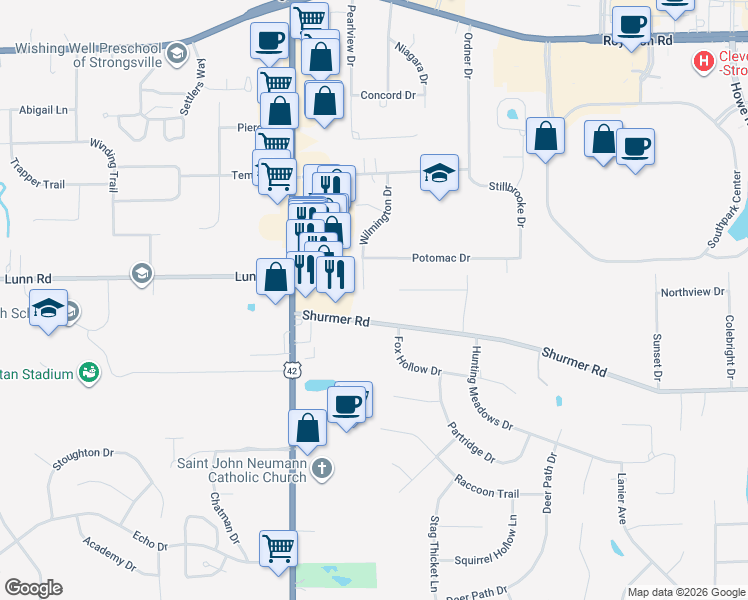 map of restaurants, bars, coffee shops, grocery stores, and more near 18392 Shurmer Road in Strongsville