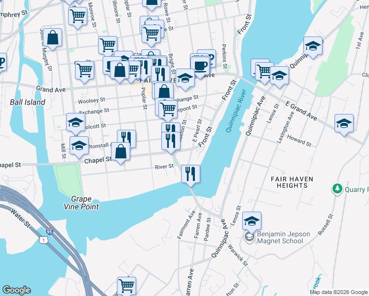 map of restaurants, bars, coffee shops, grocery stores, and more near 19 River Street in New Haven