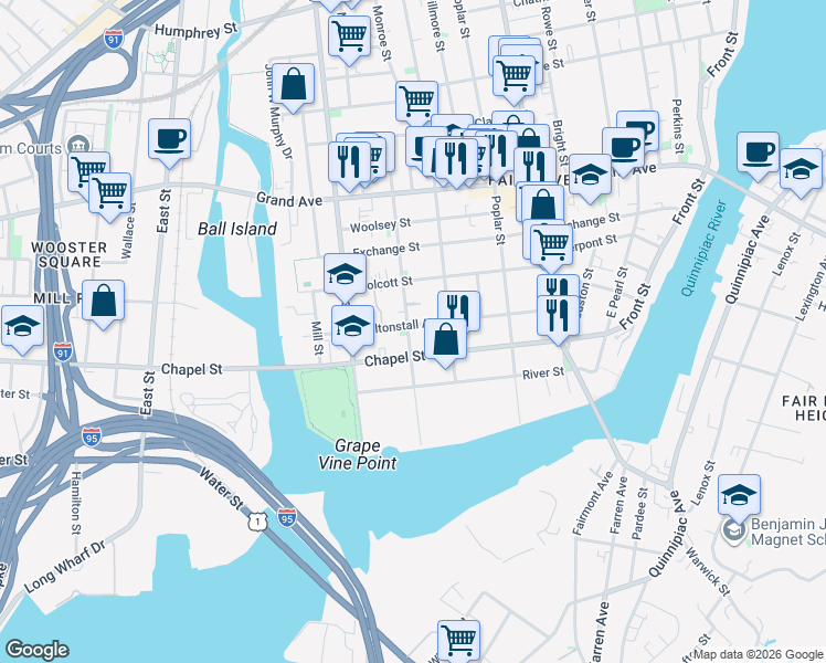 map of restaurants, bars, coffee shops, grocery stores, and more near in New Haven