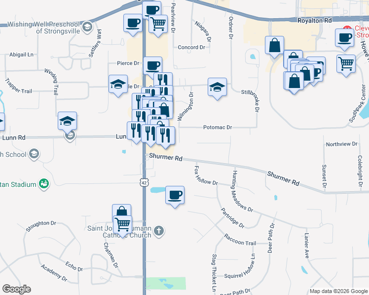 map of restaurants, bars, coffee shops, grocery stores, and more near 18392 Shurmer Road in Strongsville