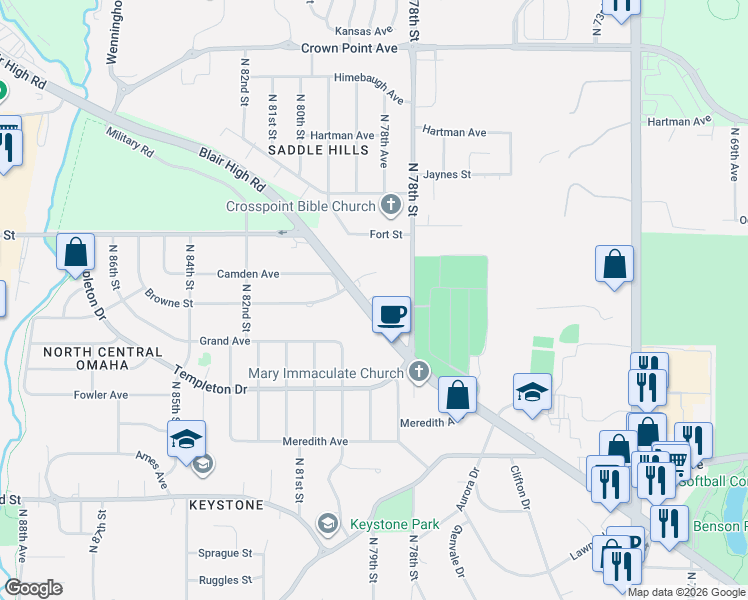 map of restaurants, bars, coffee shops, grocery stores, and more near 7816 Military Avenue in Omaha