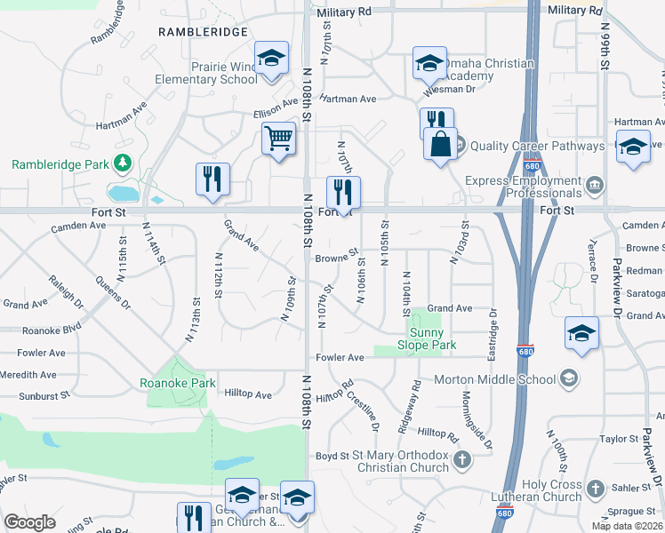 map of restaurants, bars, coffee shops, grocery stores, and more near 4915 North 107th Street in Omaha