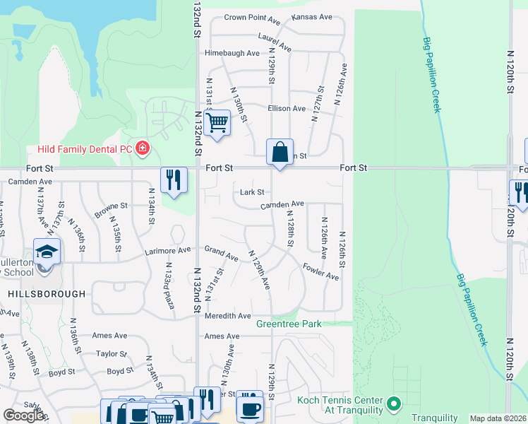 map of restaurants, bars, coffee shops, grocery stores, and more near 12912 Browne Street in Omaha