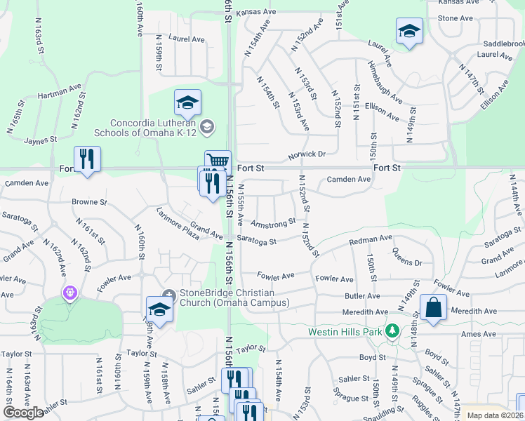 map of restaurants, bars, coffee shops, grocery stores, and more near 5051 North 155th Street in Omaha