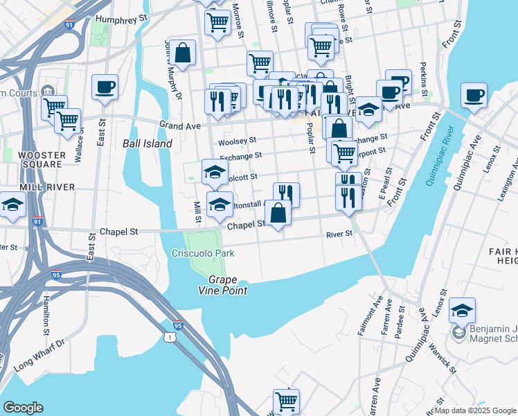 map of restaurants, bars, coffee shops, grocery stores, and more near in New Haven