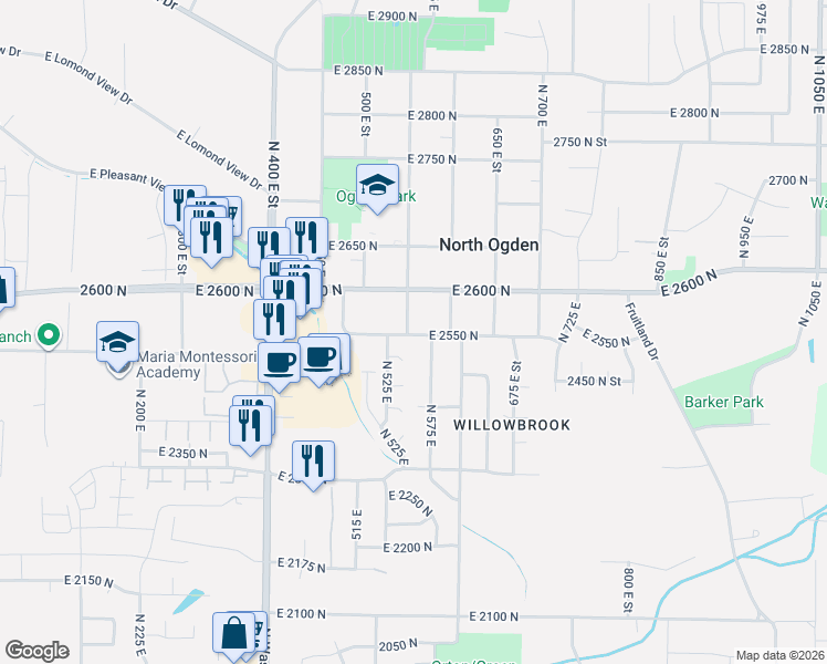 map of restaurants, bars, coffee shops, grocery stores, and more near 2503 North 575 East in Ogden