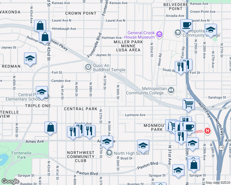 map of restaurants, bars, coffee shops, grocery stores, and more near 3622 Saratoga Street in Omaha