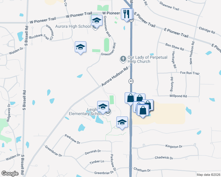 map of restaurants, bars, coffee shops, grocery stores, and more near Greenmen Way in Aurora