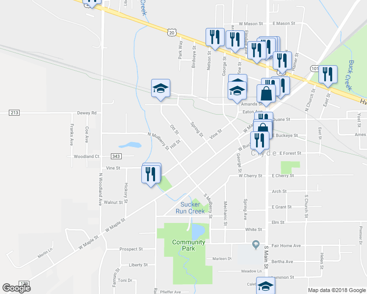 map of restaurants, bars, coffee shops, grocery stores, and more near 127 Ott St in Clyde