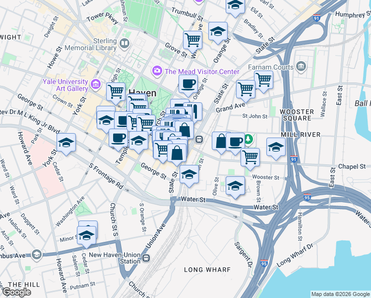 map of restaurants, bars, coffee shops, grocery stores, and more near 760 Chapel Street in New Haven