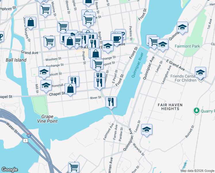 map of restaurants, bars, coffee shops, grocery stores, and more near 19 River Street in New Haven